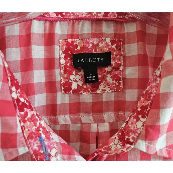 TALBOTS Women's L Blouse Pink White Gingham Check Contrast Cuffs Button Up 42" - Picture 3 of 7
